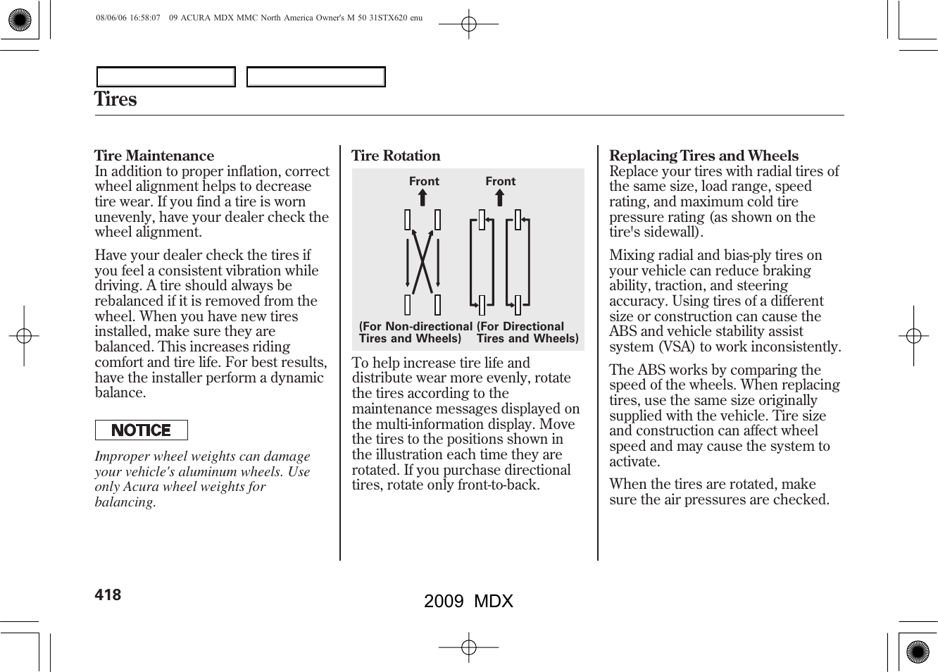 Tires, 2009 mdx | Acura 2009 MDX - Owner's Manual User Manual | Page 422 / 489