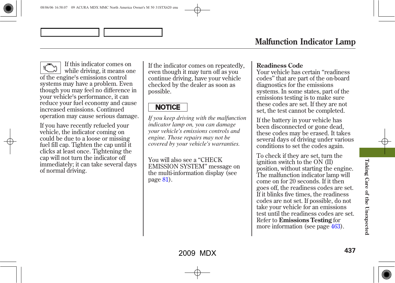 Malfunction indicator lamp, 2009 mdx | Acura 2009 MDX - Owner's Manual User Manual | Page 441 / 489