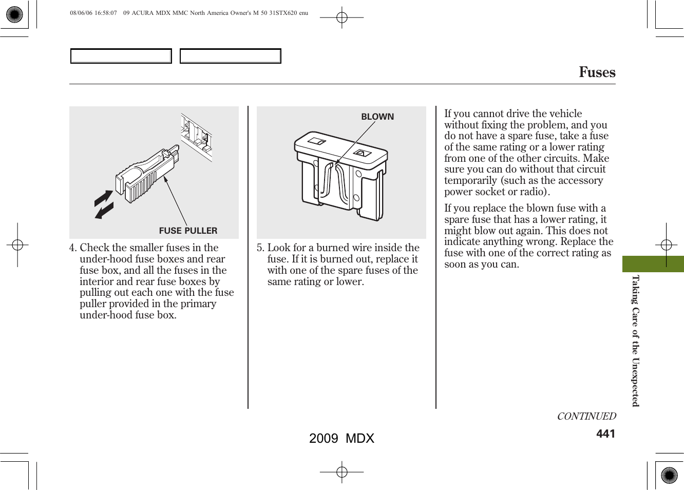 Fuses, 2009 mdx | Acura 2009 MDX - Owner's Manual User Manual | Page 445 / 489