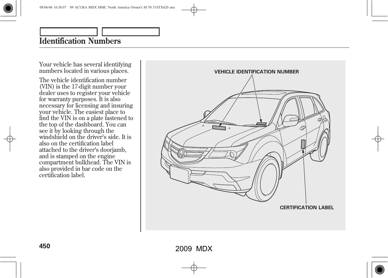 Identification numbers, 2009 mdx | Acura 2009 MDX - Owner's Manual User Manual | Page 454 / 489