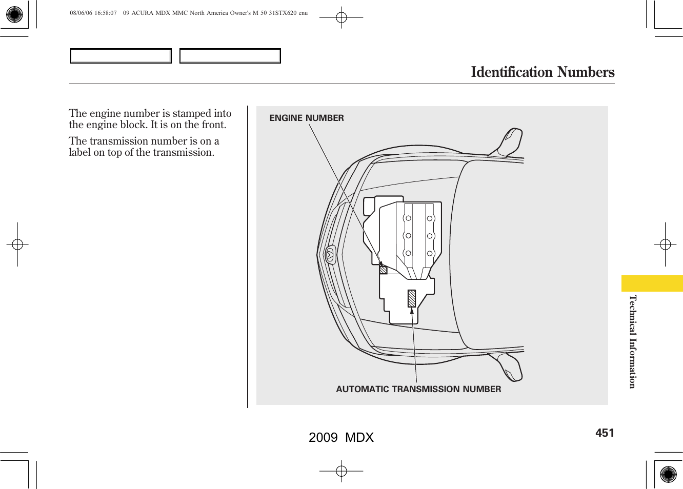 Identification numbers, 2009 mdx | Acura 2009 MDX - Owner's Manual User Manual | Page 455 / 489