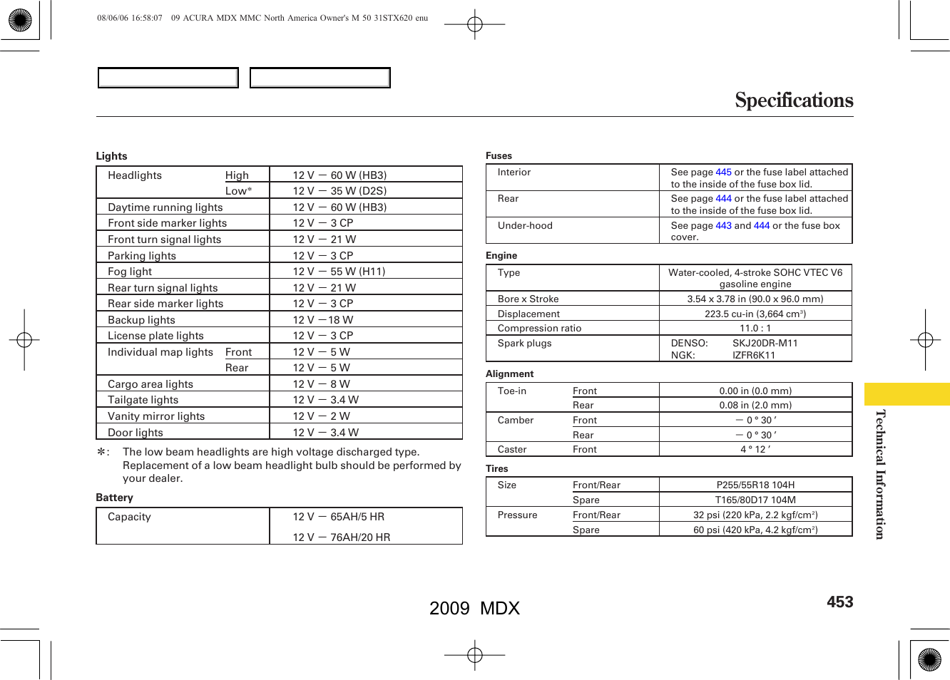 Specifications, 2009 mdx | Acura 2009 MDX - Owner's Manual User Manual | Page 457 / 489