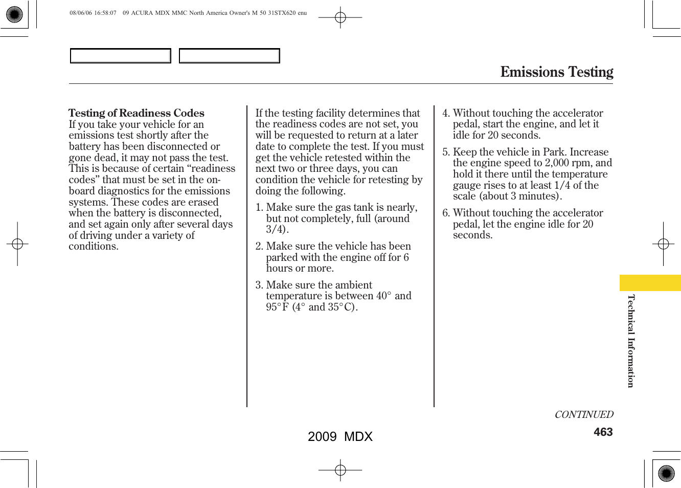 Emissions testing, 2009 mdx | Acura 2009 MDX - Owner's Manual User Manual | Page 467 / 489