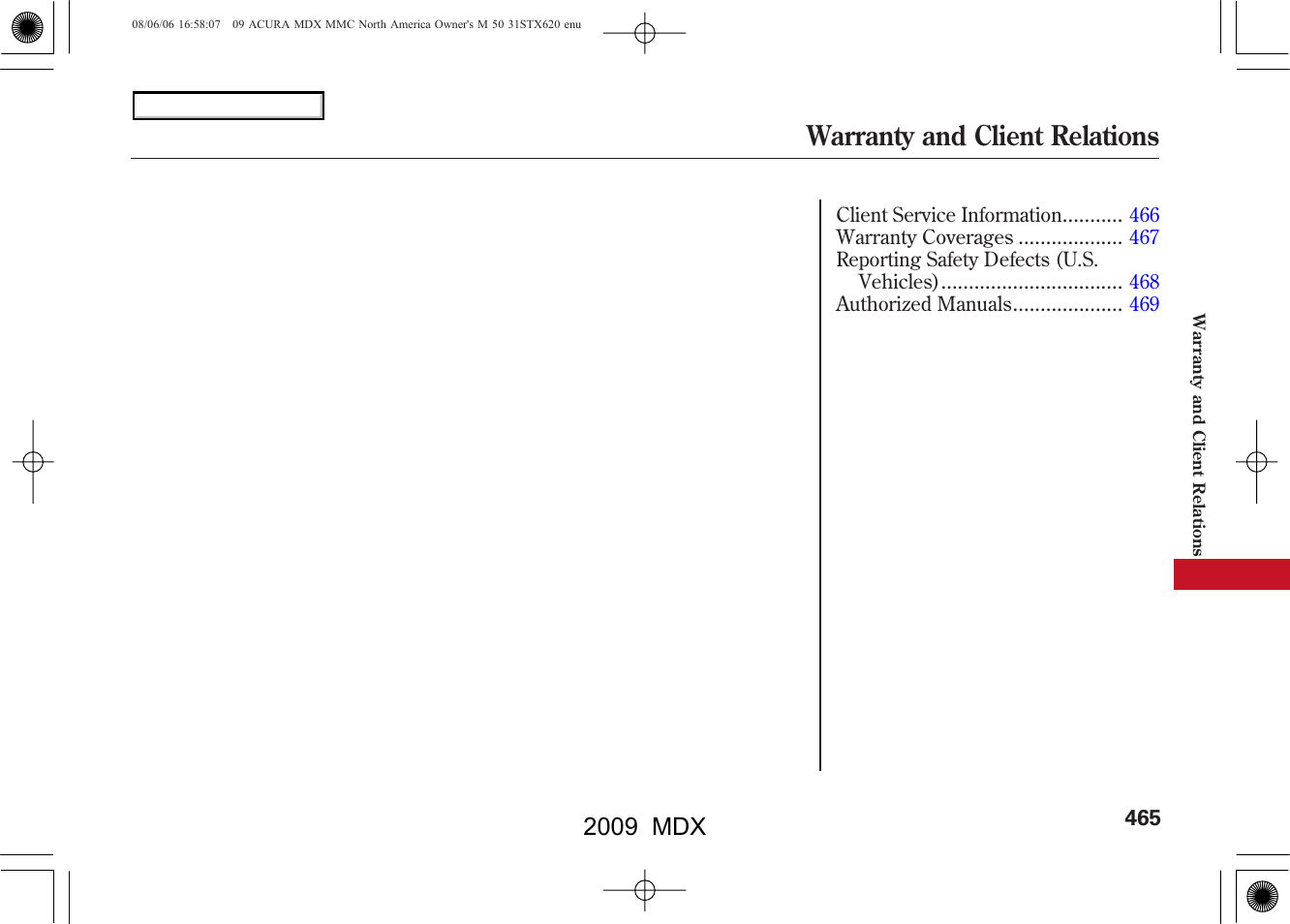 Warranty and client relations, 2009 mdx | Acura 2009 MDX - Owner's Manual User Manual | Page 469 / 489