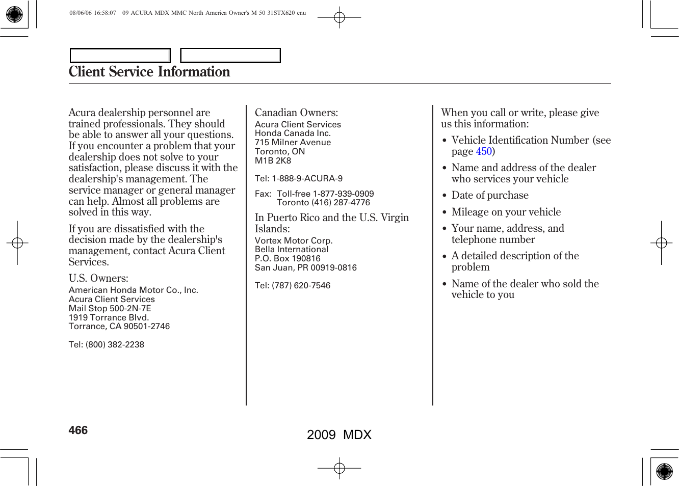 Client service information, 2009 mdx | Acura 2009 MDX - Owner's Manual User Manual | Page 470 / 489