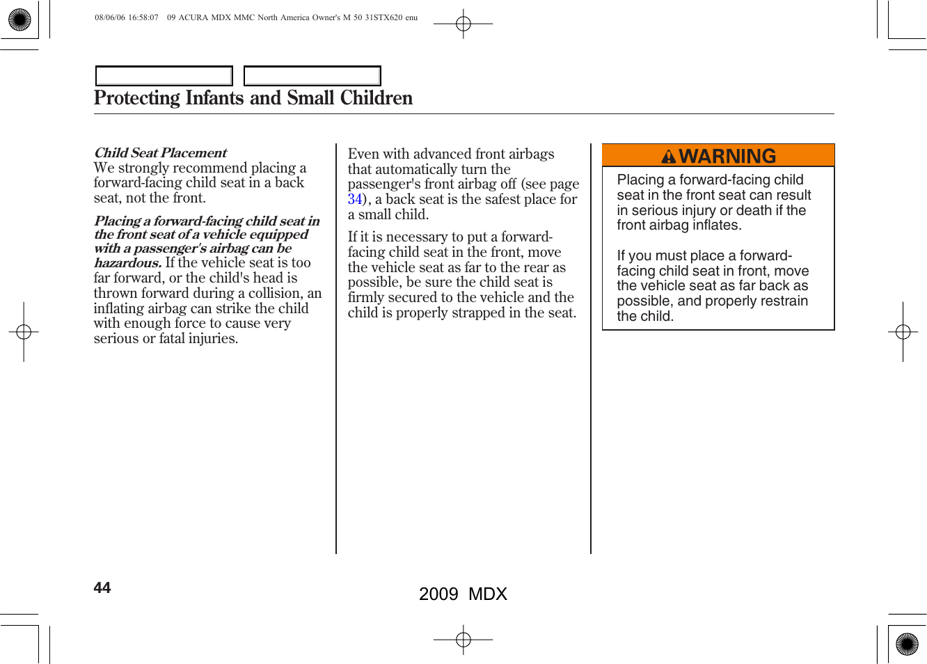 Protecting infants and small children, 2009 mdx | Acura 2009 MDX - Owner's Manual User Manual | Page 48 / 489