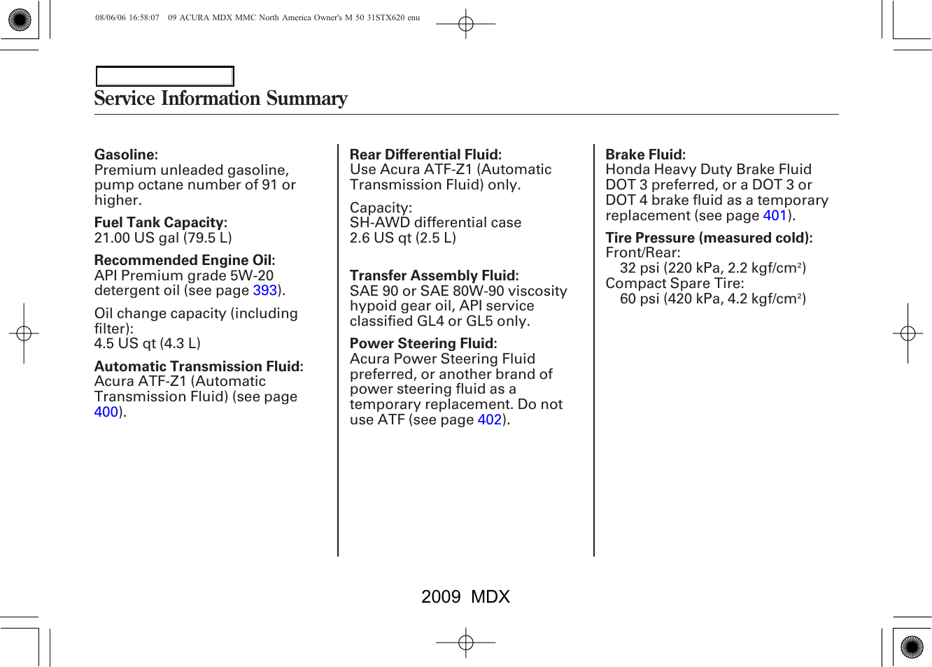 Service information summary, 2009 mdx | Acura 2009 MDX - Owner's Manual User Manual | Page 488 / 489