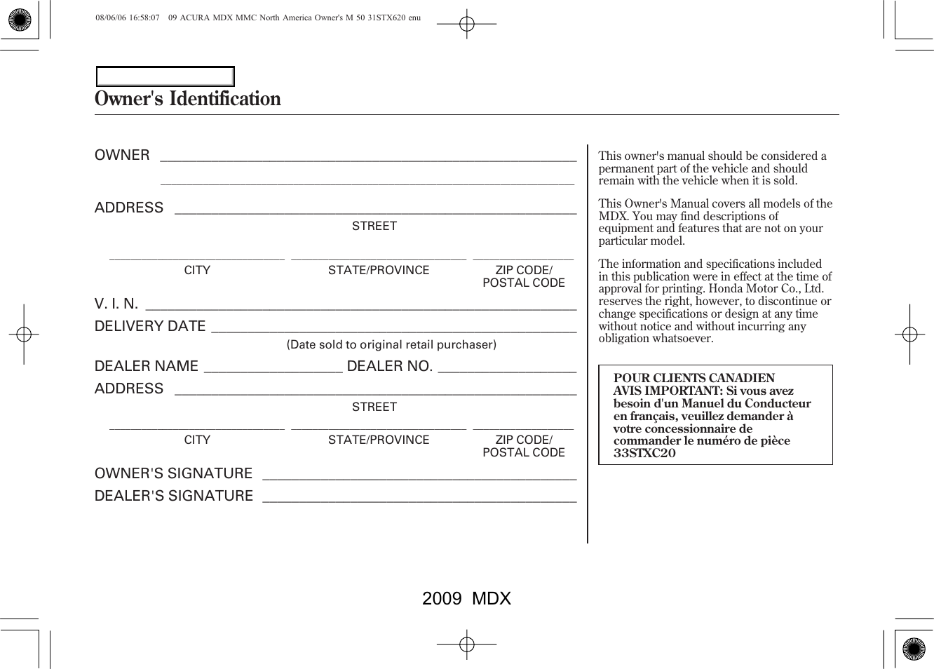 Owner's identification, 2009 mdx | Acura 2009 MDX - Owner's Manual User Manual | Page 489 / 489