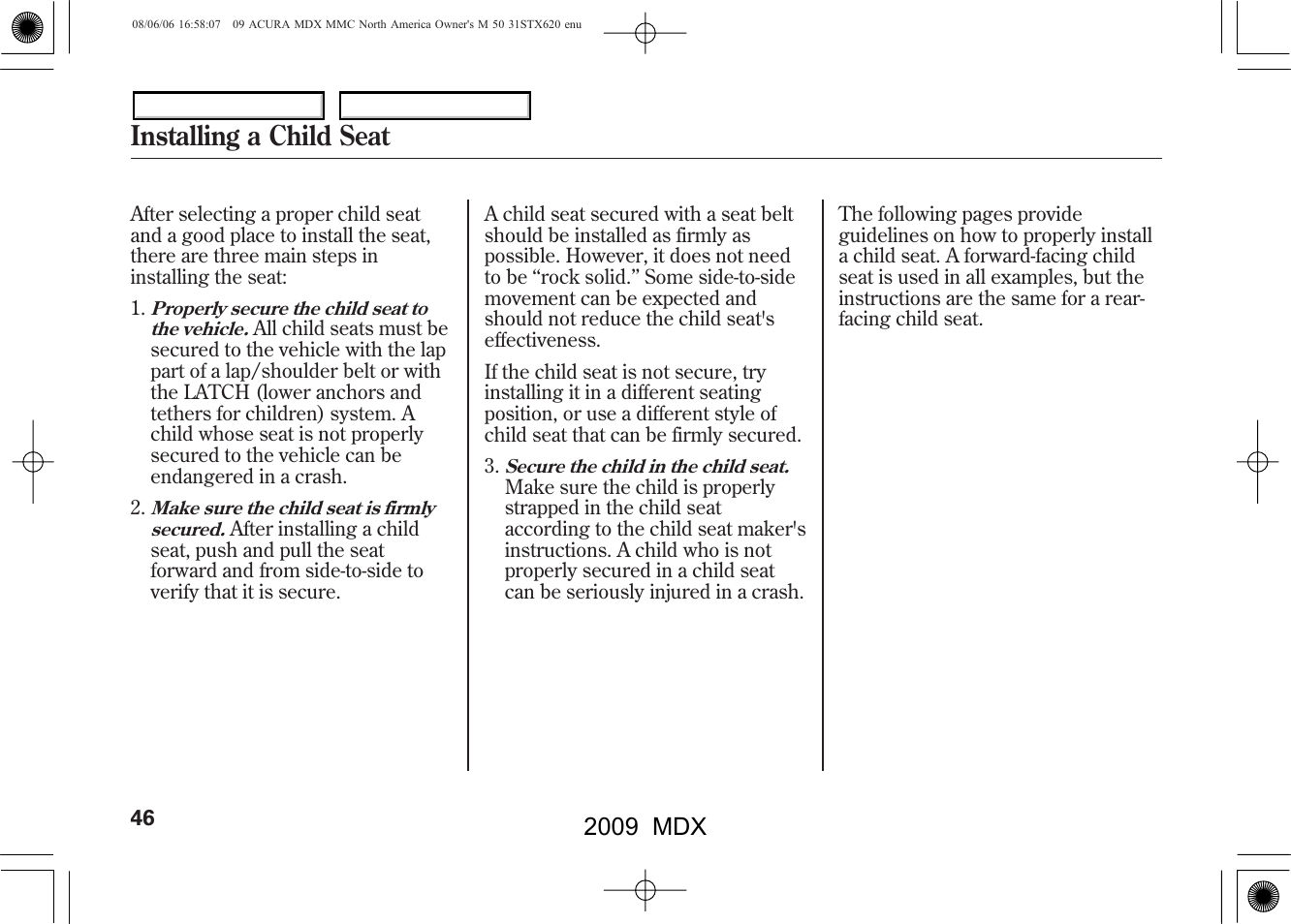 Installing a child seat, 2009 mdx | Acura 2009 MDX - Owner's Manual User Manual | Page 50 / 489