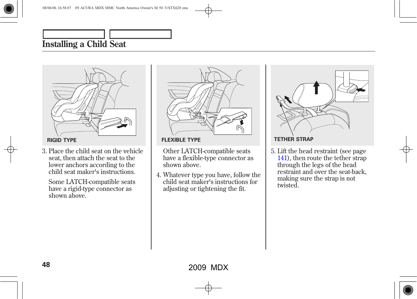 Installing a child seat, 2009 mdx | Acura 2009 MDX - Owner's Manual User Manual | Page 52 / 489