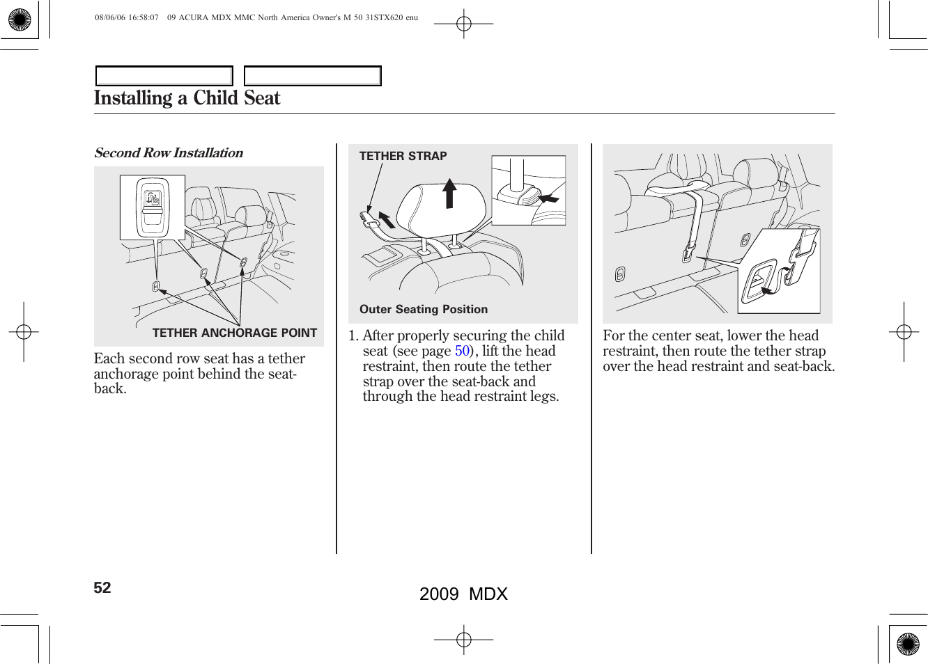 Installing a child seat, 2009 mdx | Acura 2009 MDX - Owner's Manual User Manual | Page 56 / 489