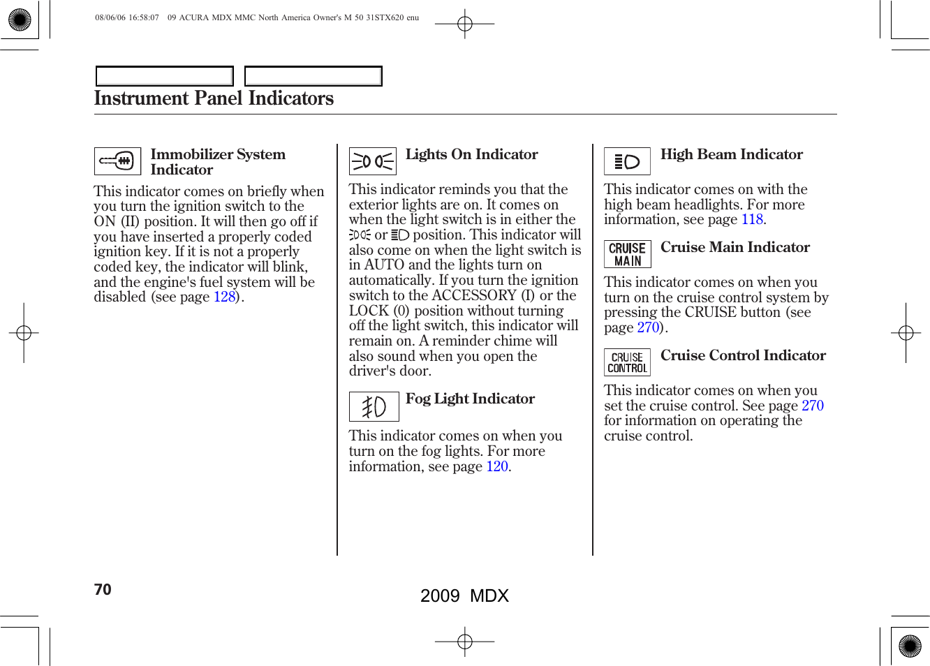 Instrument panel indicators, 2009 mdx | Acura 2009 MDX - Owner's Manual User Manual | Page 74 / 489