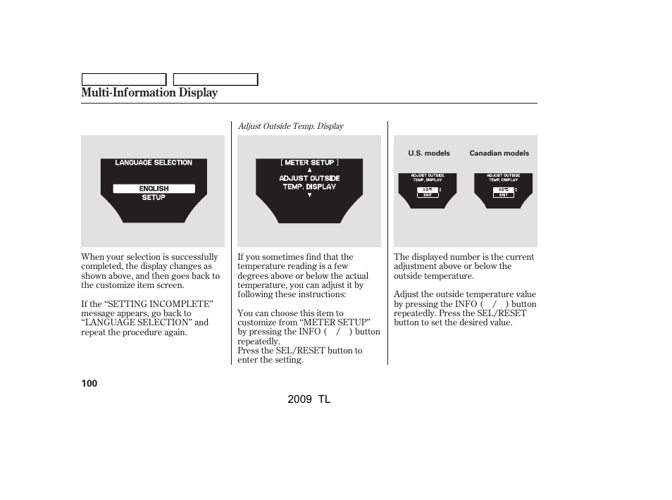 Multi-information display | Acura 2009 TL - Owner's Manual User Manual | Page 103 / 648