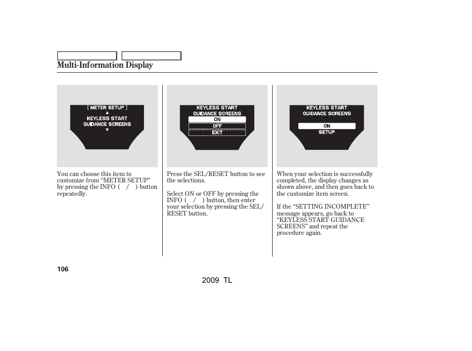 Multi-information display | Acura 2009 TL - Owner's Manual User Manual | Page 109 / 648