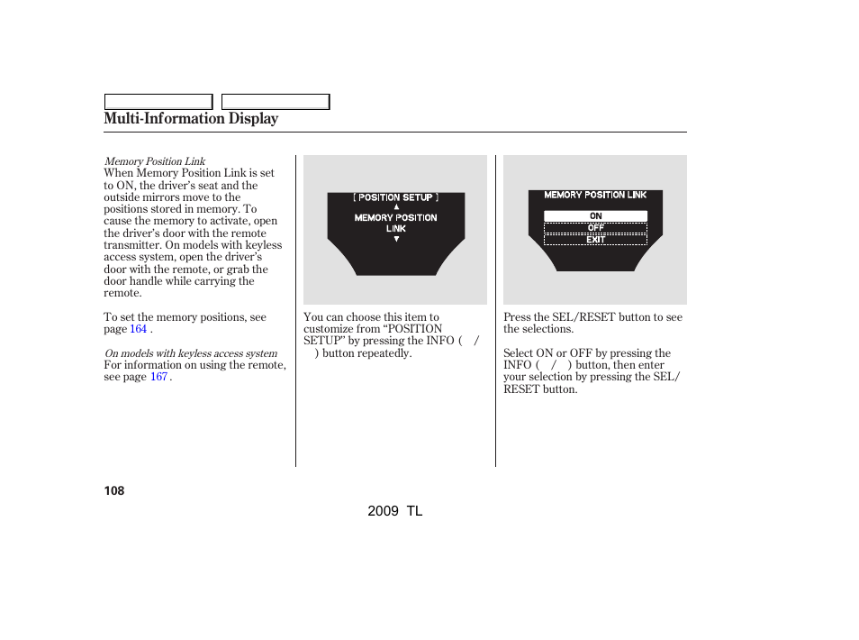 Multi-information display | Acura 2009 TL - Owner's Manual User Manual | Page 111 / 648