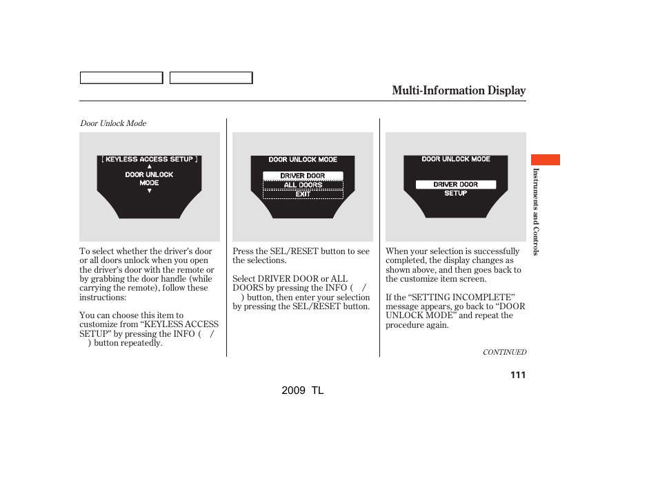 Multi-information display, 2009 tl | Acura 2009 TL - Owner's Manual User Manual | Page 114 / 648