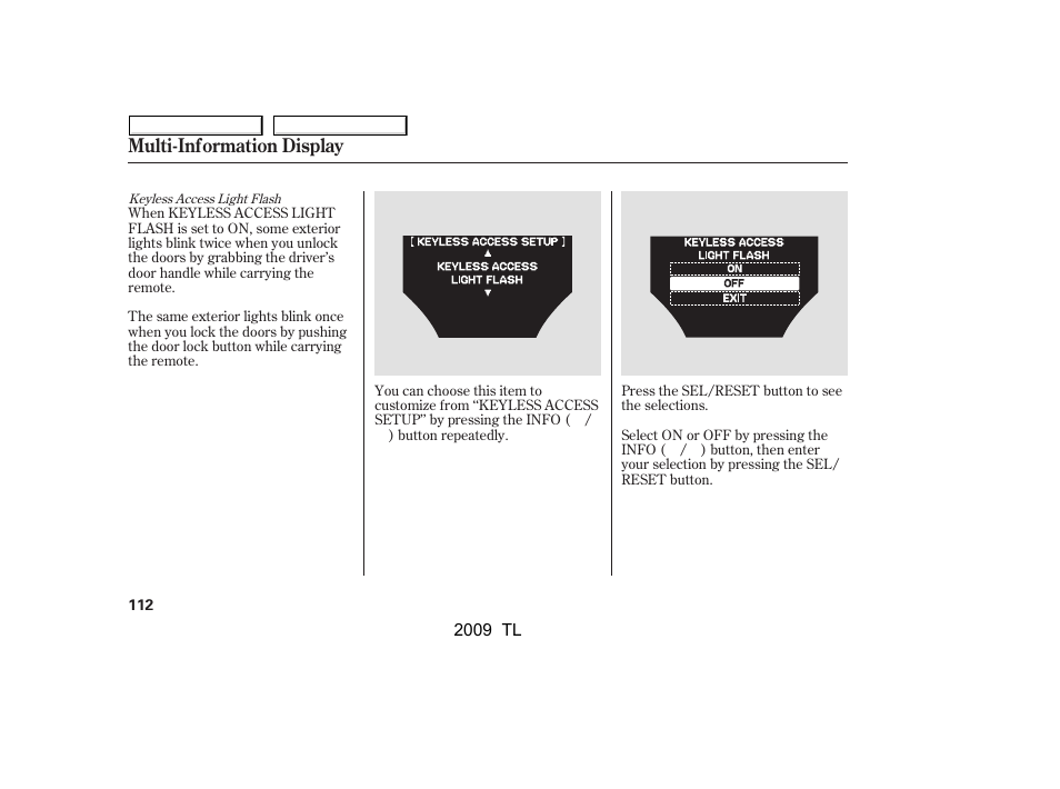 Multi-information display | Acura 2009 TL - Owner's Manual User Manual | Page 115 / 648