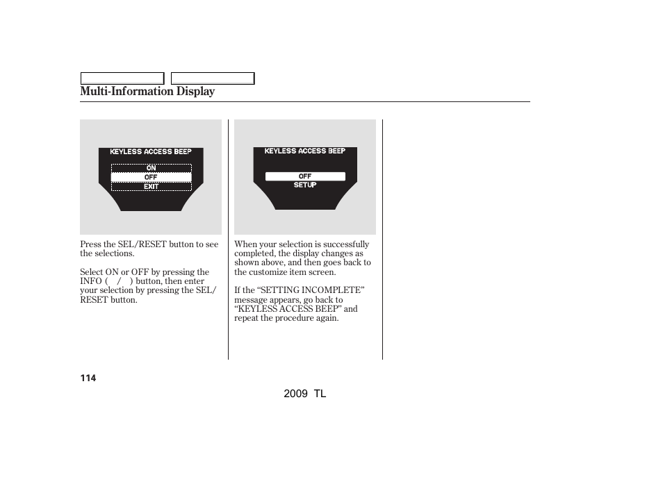 Multi-information display | Acura 2009 TL - Owner's Manual User Manual | Page 117 / 648
