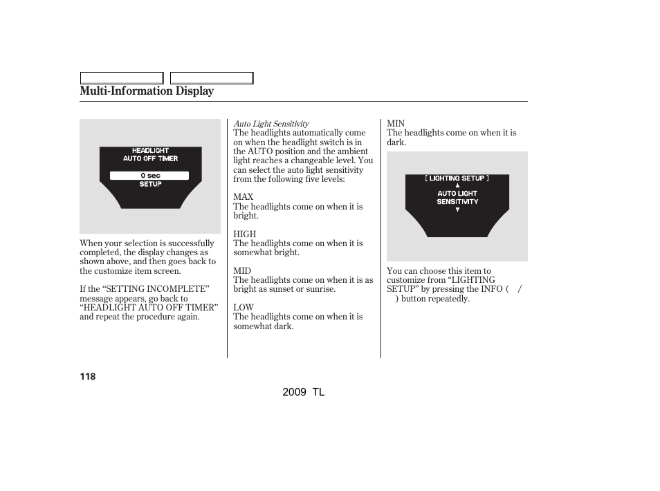 Multi-information display | Acura 2009 TL - Owner's Manual User Manual | Page 121 / 648