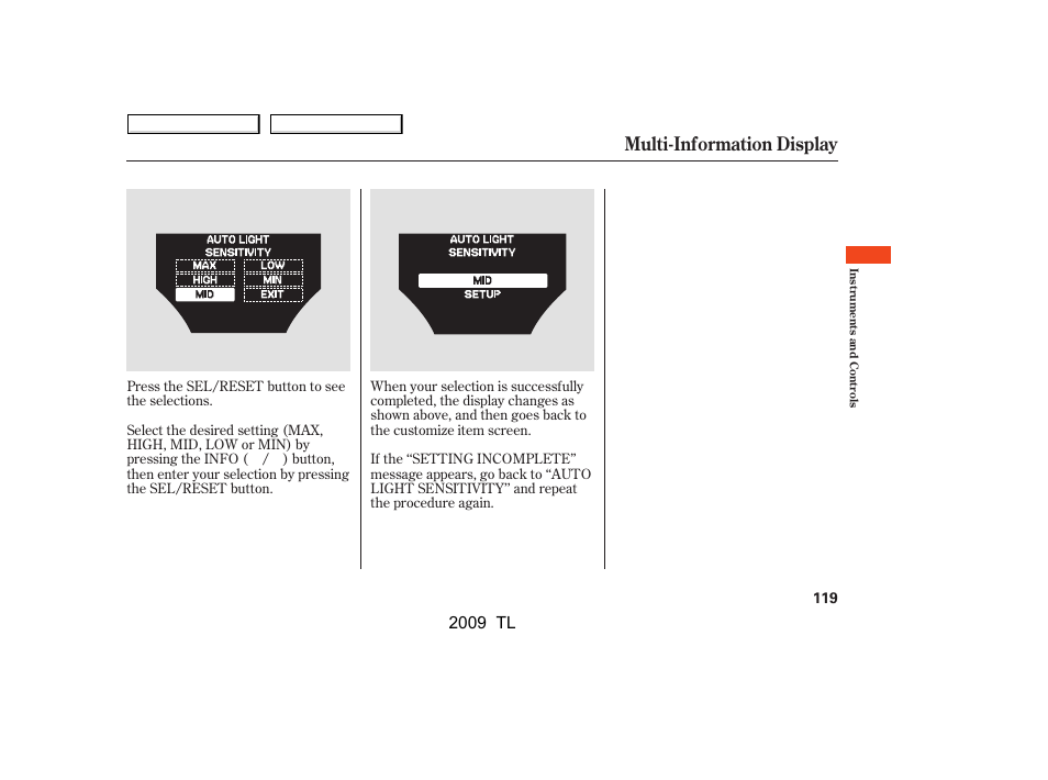 Multi-information display, 2009 tl | Acura 2009 TL - Owner's Manual User Manual | Page 122 / 648
