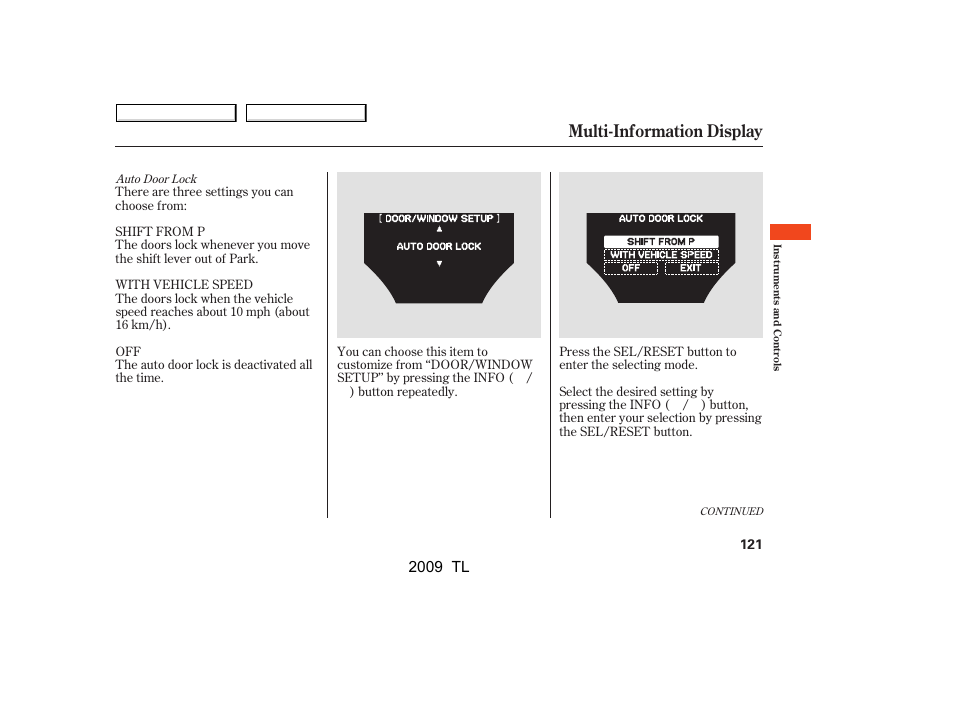 Multi-information display, 2009 tl | Acura 2009 TL - Owner's Manual User Manual | Page 124 / 648