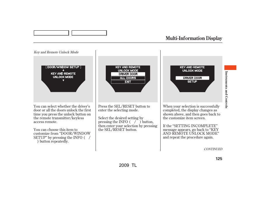 Multi-information display, 2009 tl | Acura 2009 TL - Owner's Manual User Manual | Page 128 / 648