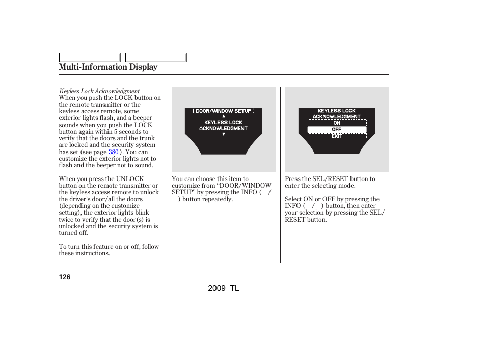 Multi-information display | Acura 2009 TL - Owner's Manual User Manual | Page 129 / 648