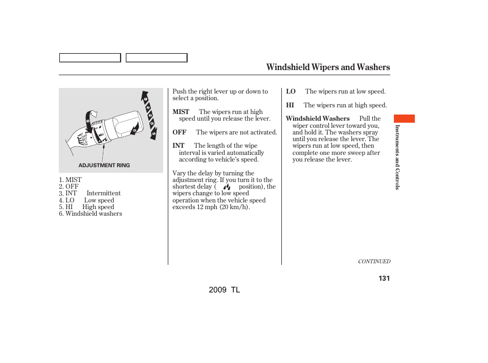 Windshield wipers and washers | Acura 2009 TL - Owner's Manual User Manual | Page 134 / 648