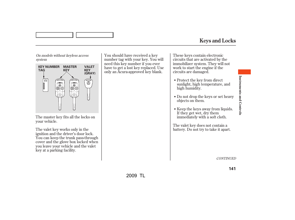 Keys and locks, 2009 tl | Acura 2009 TL - Owner's Manual User Manual | Page 144 / 648