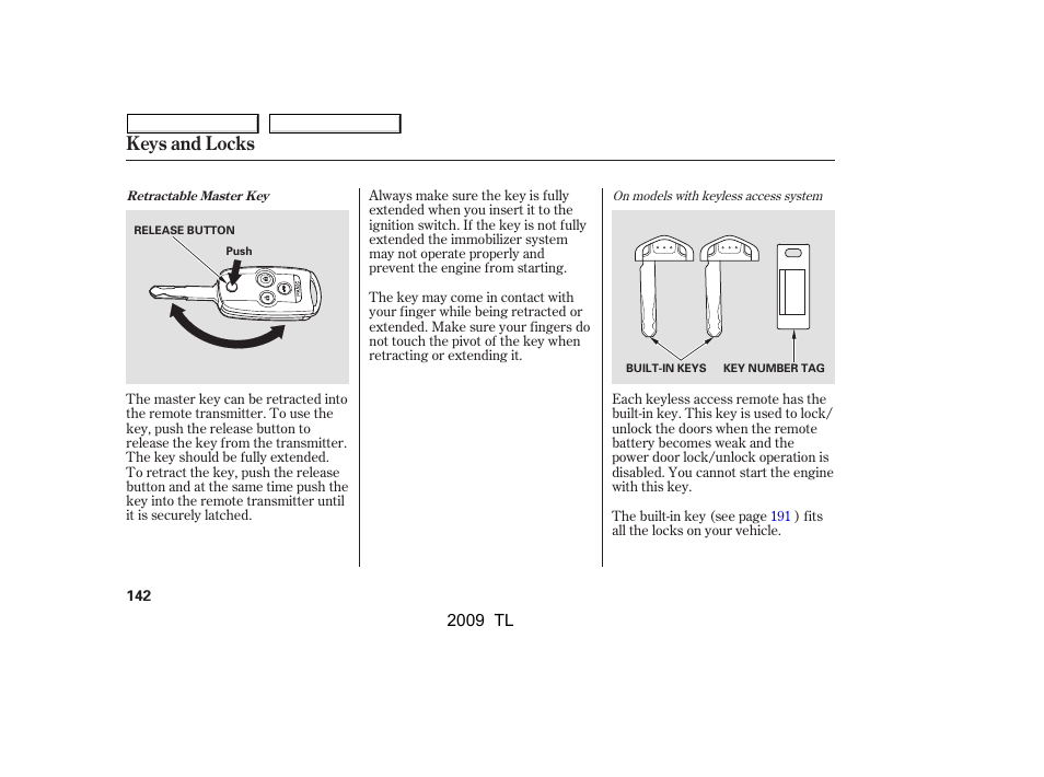 Keys and locks | Acura 2009 TL - Owner's Manual User Manual | Page 145 / 648