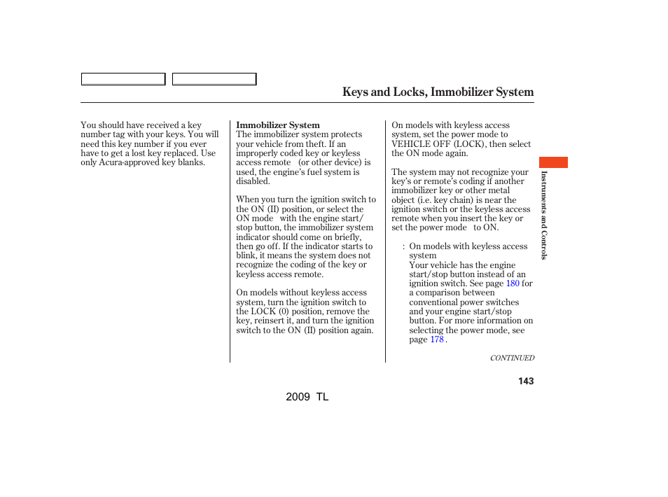 Keys and locks, immobilizer system, 2009 tl | Acura 2009 TL - Owner's Manual User Manual | Page 146 / 648