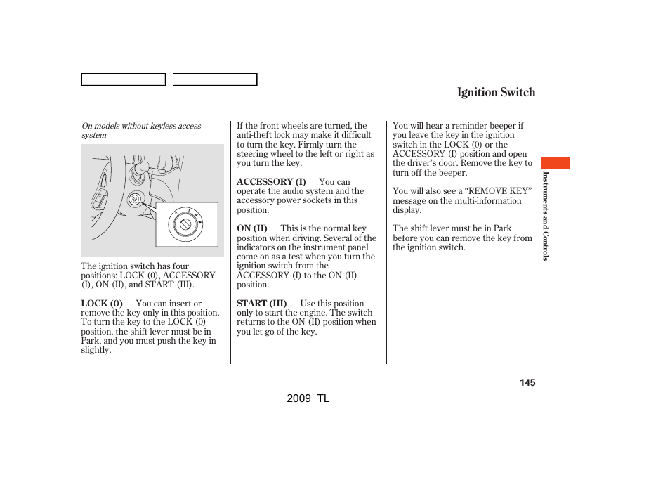 Ignition switch, 2009 tl | Acura 2009 TL - Owner's Manual User Manual | Page 148 / 648