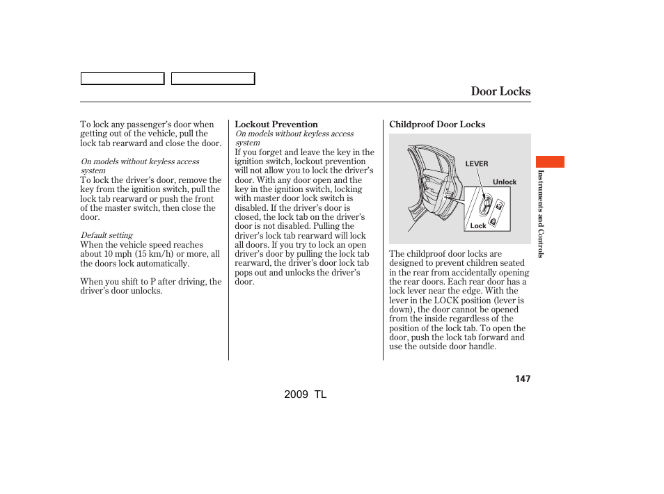 Door locks, 2009 tl | Acura 2009 TL - Owner's Manual User Manual | Page 150 / 648
