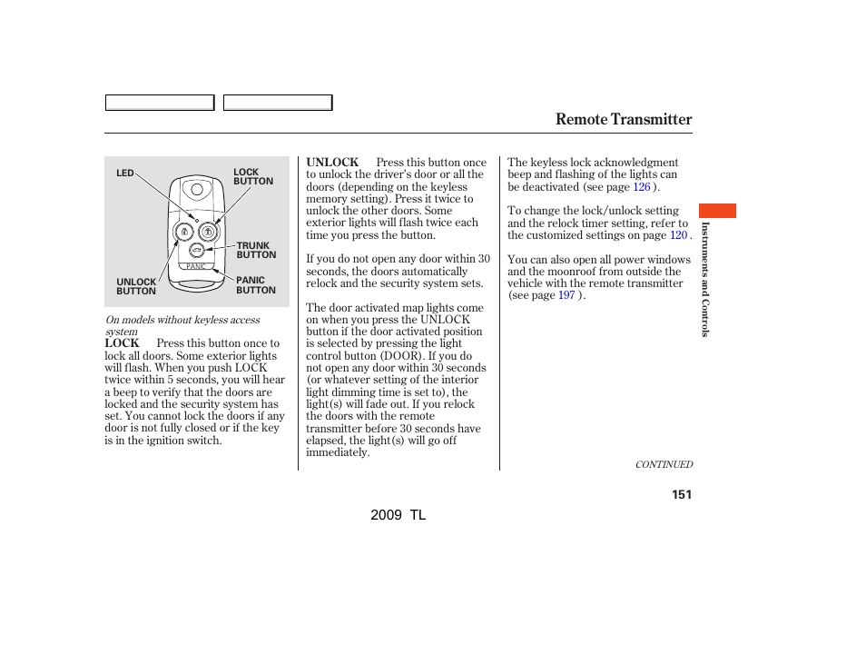 Remote transmitter, 2009 tl | Acura 2009 TL - Owner's Manual User Manual | Page 154 / 648