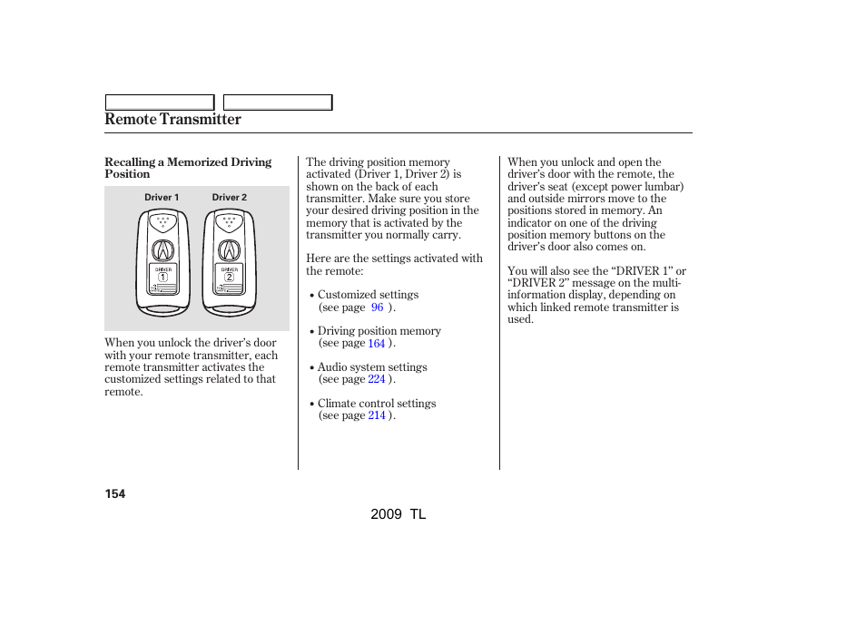 Remote transmitter | Acura 2009 TL - Owner's Manual User Manual | Page 157 / 648