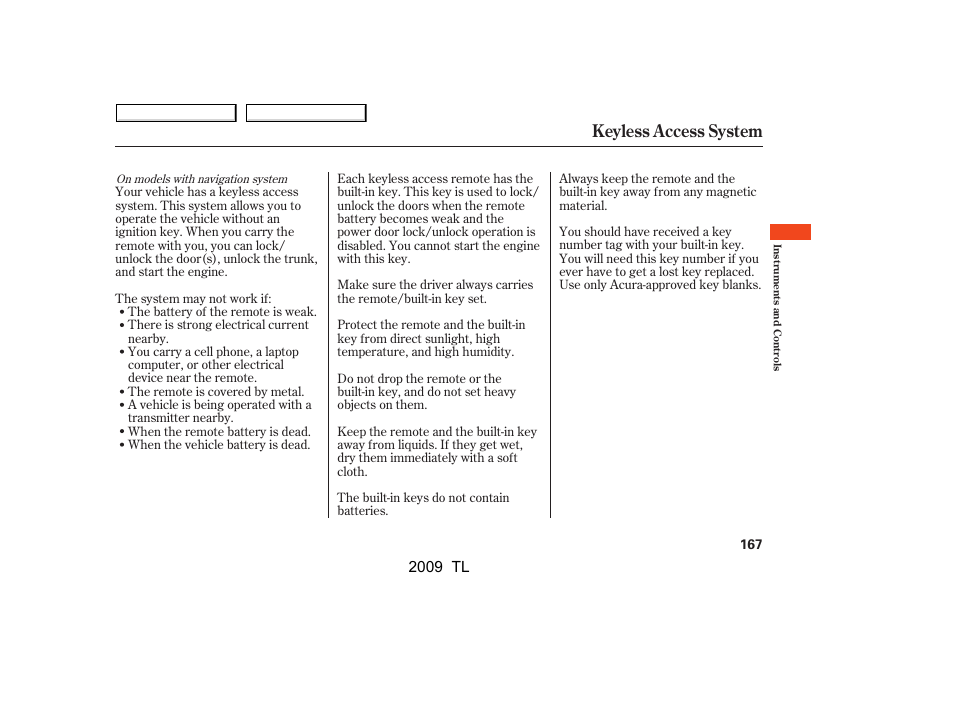 Keyless access system, 2009 tl | Acura 2009 TL - Owner's Manual User Manual | Page 170 / 648