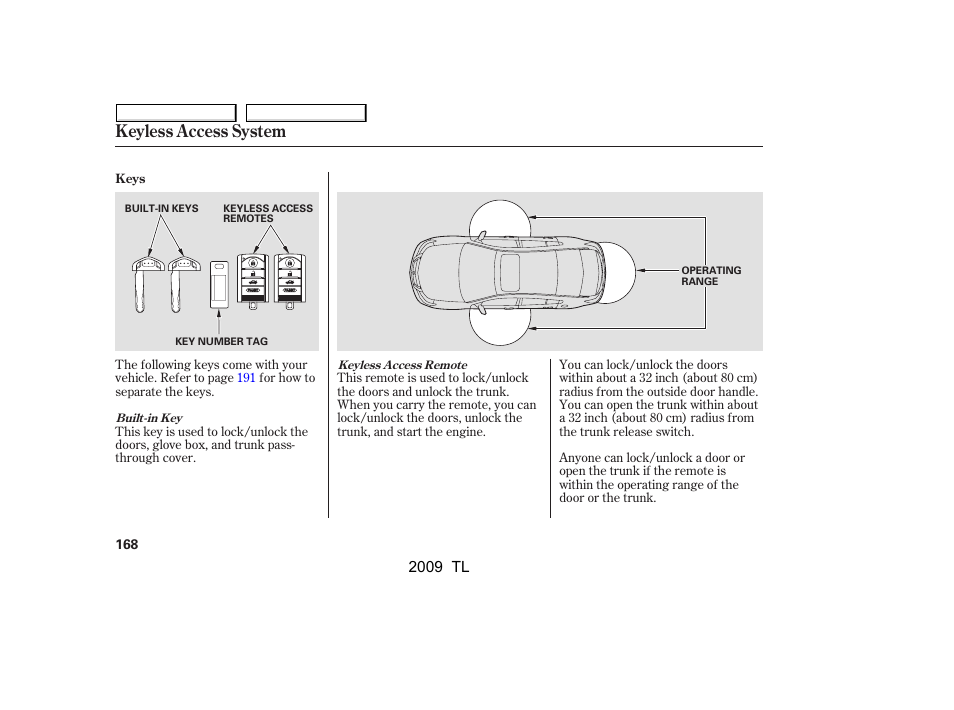 Keyless access system | Acura 2009 TL - Owner's Manual User Manual | Page 171 / 648