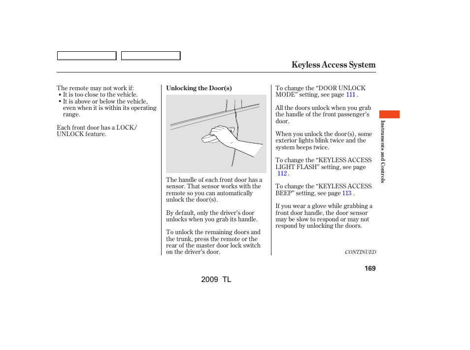 Keyless access system, 2009 tl | Acura 2009 TL - Owner's Manual User Manual | Page 172 / 648