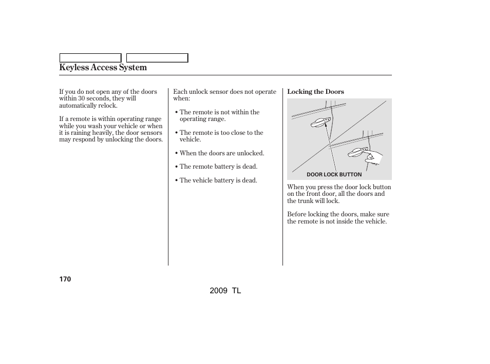 Keyless access system | Acura 2009 TL - Owner's Manual User Manual | Page 173 / 648