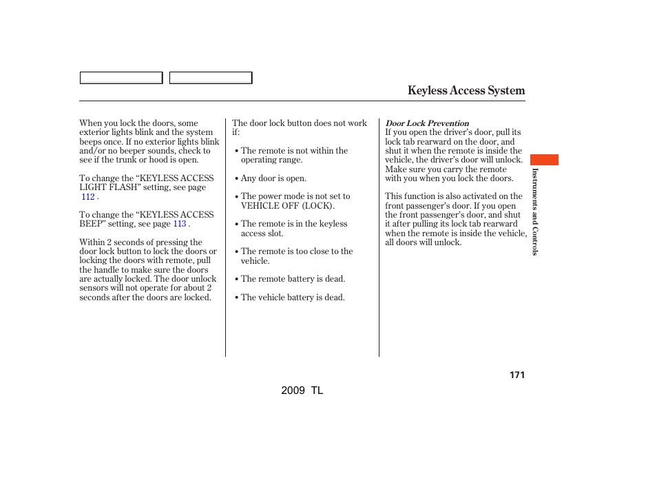 Keyless access system, 2009 tl | Acura 2009 TL - Owner's Manual User Manual | Page 174 / 648
