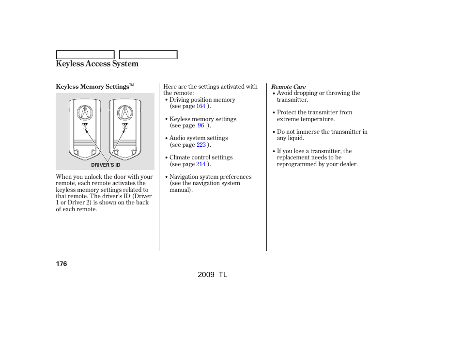 Keyless access system | Acura 2009 TL - Owner's Manual User Manual | Page 179 / 648