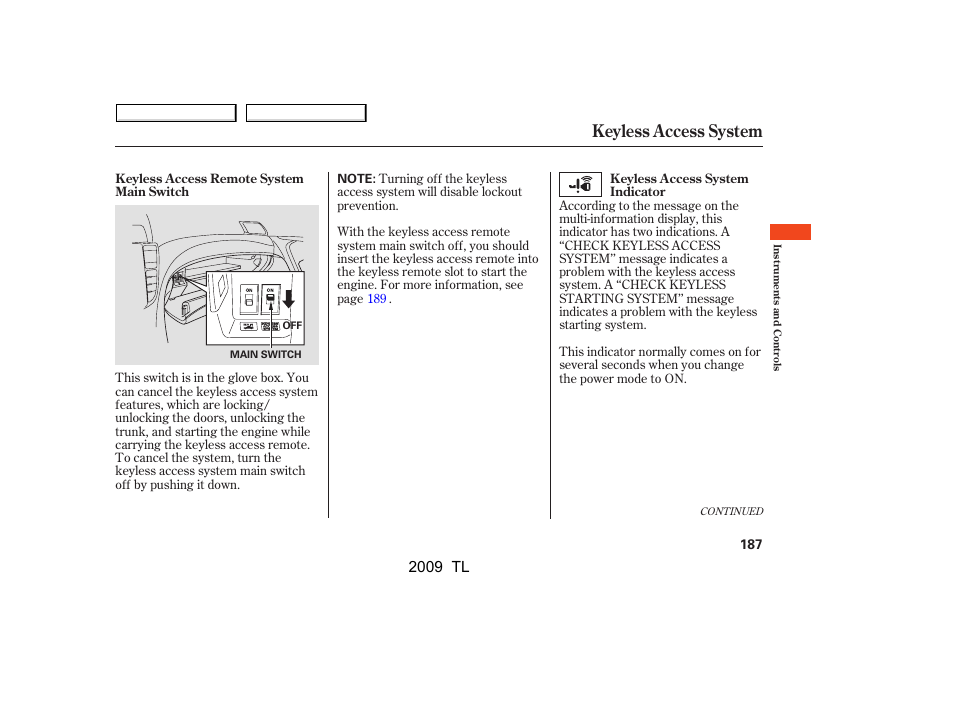 Keyless access system, 2009 tl | Acura 2009 TL - Owner's Manual User Manual | Page 190 / 648