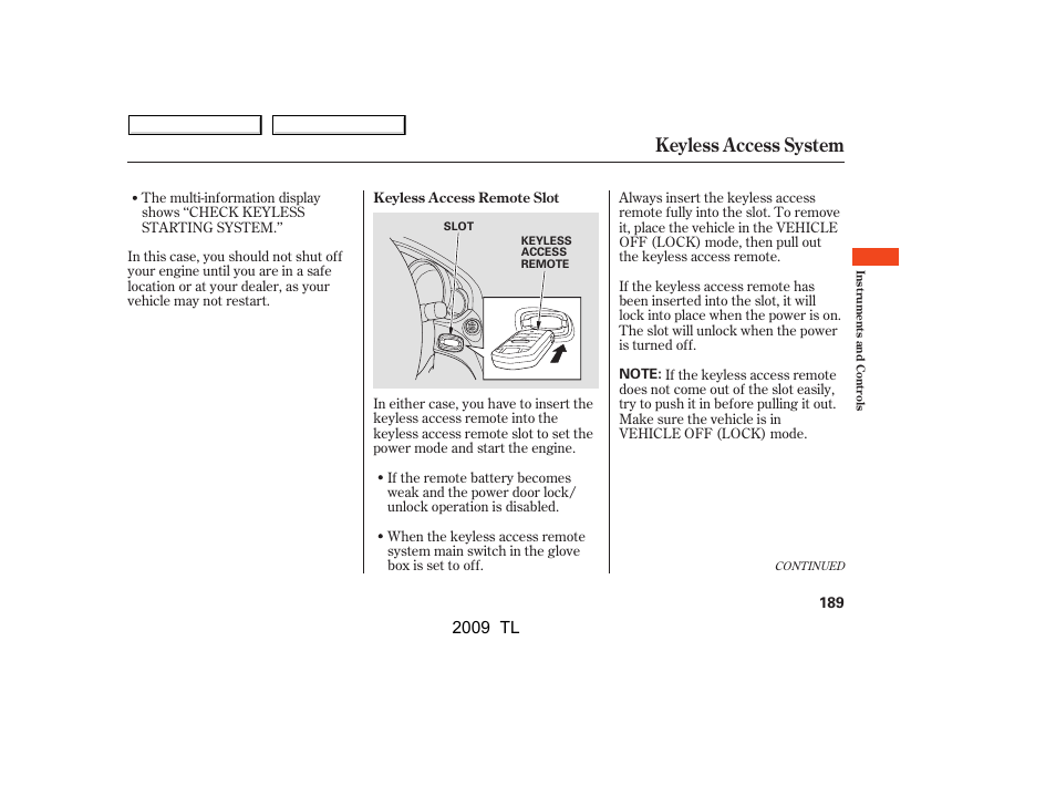 Keyless access system, 2009 tl | Acura 2009 TL - Owner's Manual User Manual | Page 192 / 648
