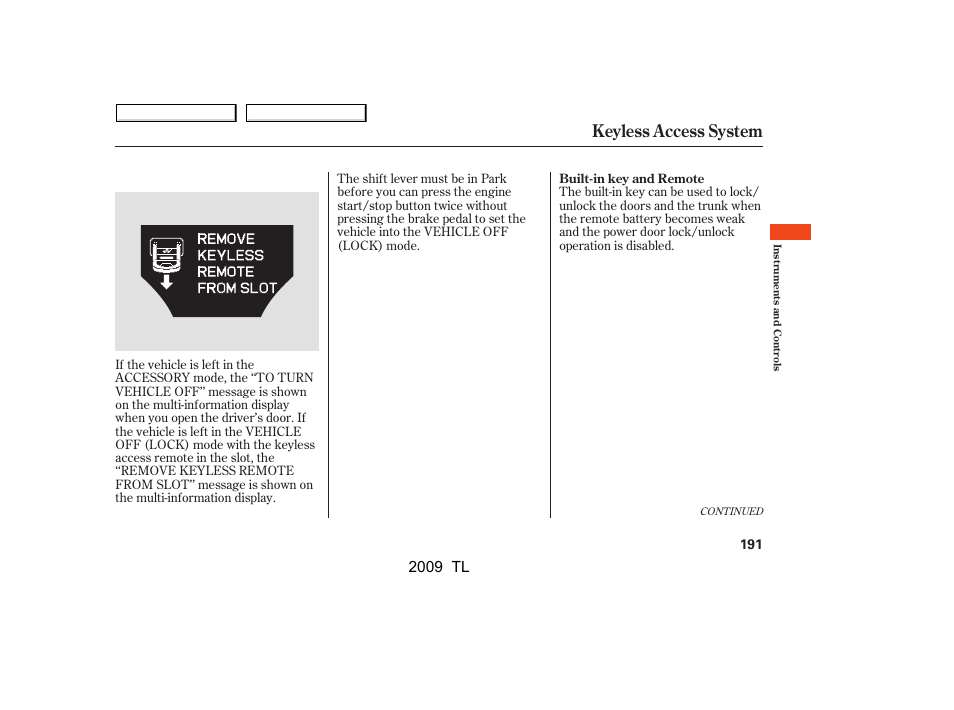 Keyless access system, 2009 tl | Acura 2009 TL - Owner's Manual User Manual | Page 194 / 648