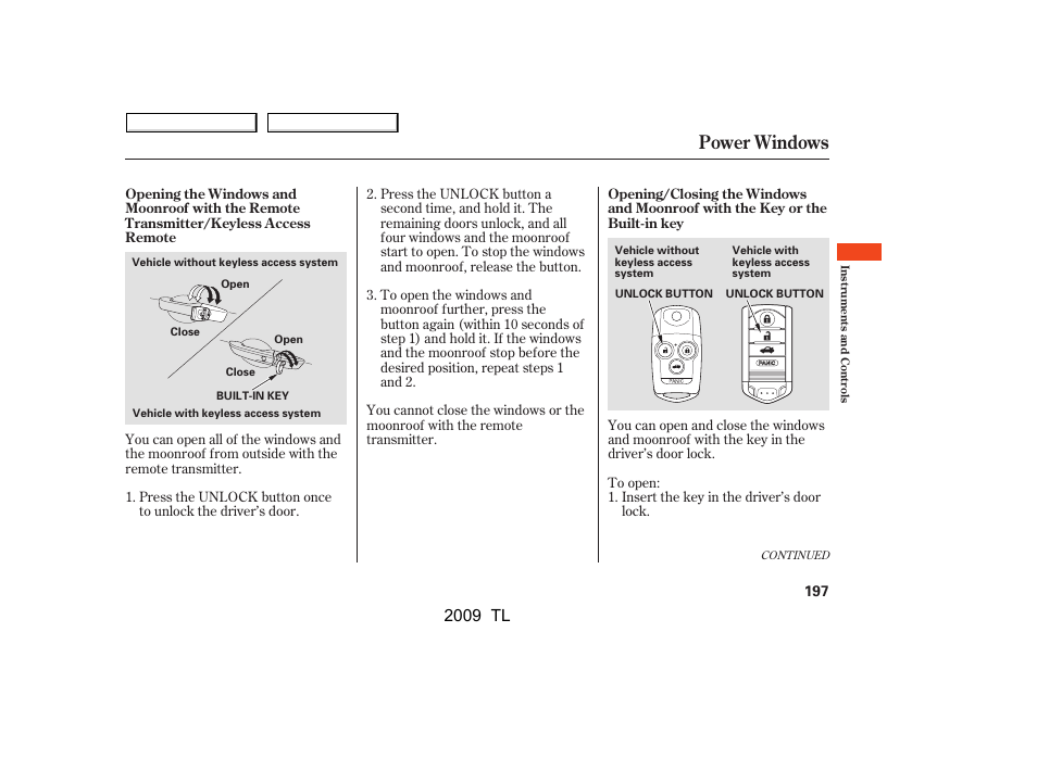 Power windows, 2009 tl | Acura 2009 TL - Owner's Manual User Manual | Page 200 / 648