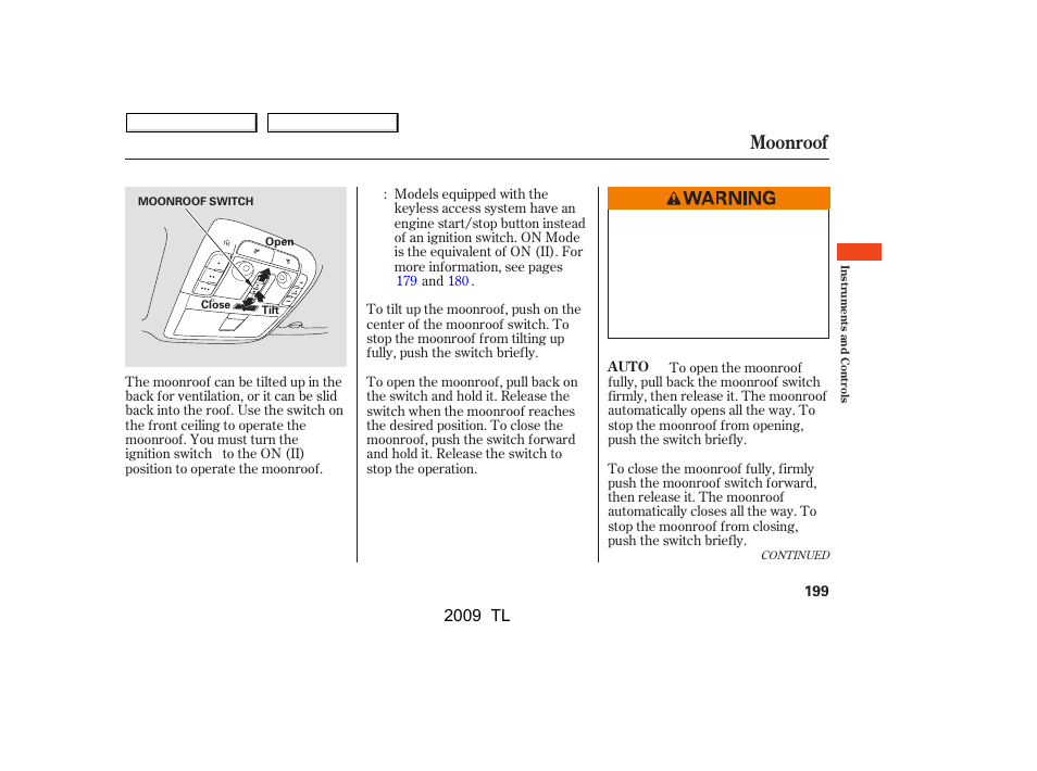 Moonroof, 2009 tl | Acura 2009 TL - Owner's Manual User Manual | Page 202 / 648