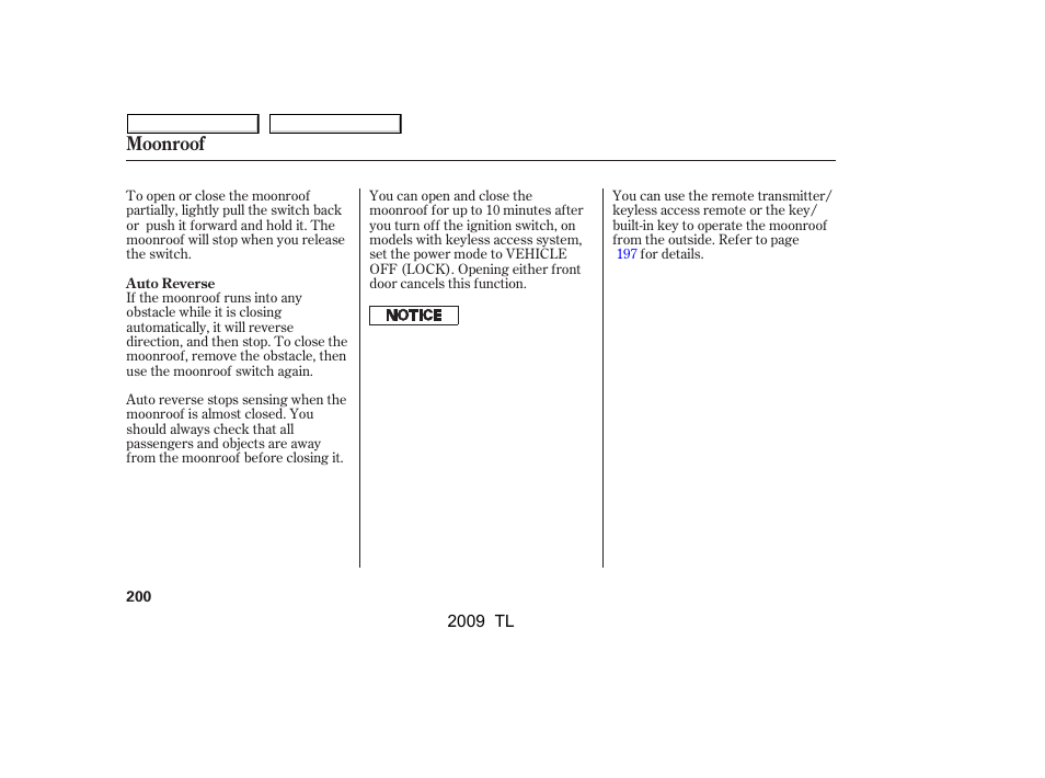 Moonroof | Acura 2009 TL - Owner's Manual User Manual | Page 203 / 648