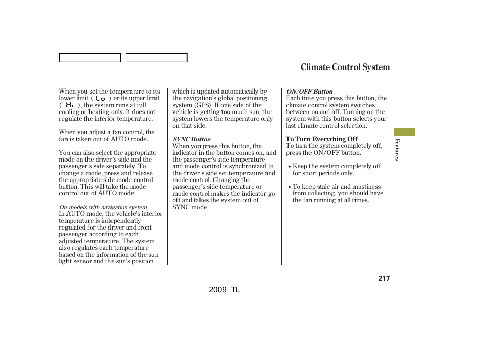 Climate control system | Acura 2009 TL - Owner's Manual User Manual | Page 220 / 648