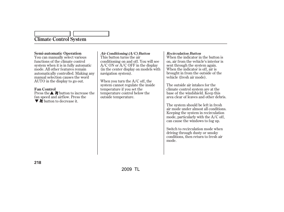 Climate control system | Acura 2009 TL - Owner's Manual User Manual | Page 221 / 648