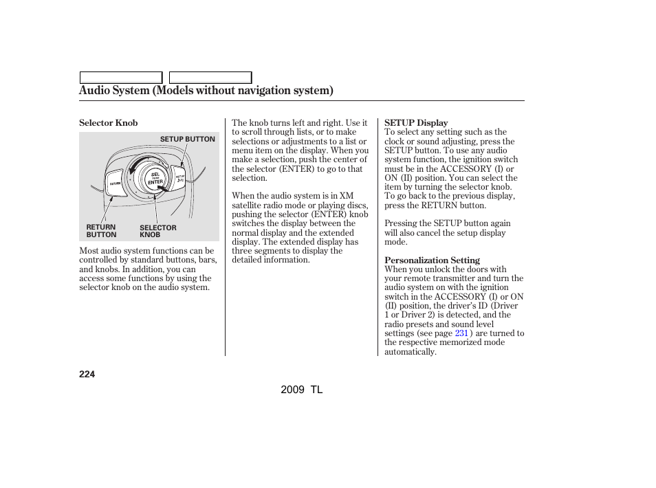 Audio system (models without navigation system) | Acura 2009 TL - Owner's Manual User Manual | Page 227 / 648